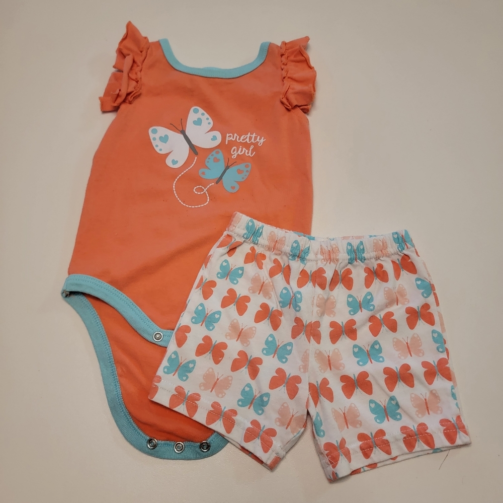 Cutie Pie 6-9 month peach butterfly short set "pretty girl"